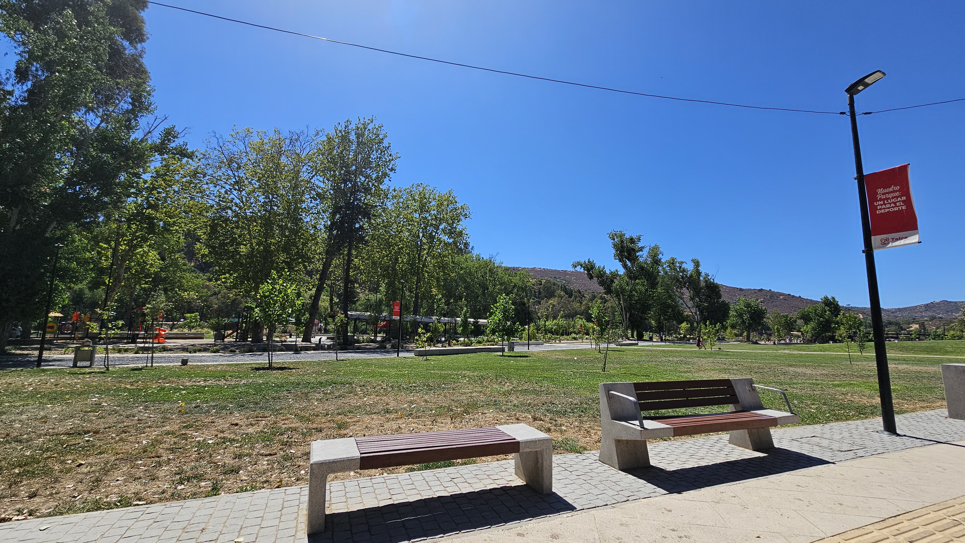 Fotografía de un sector del parque que cuenta con pasto y bancas